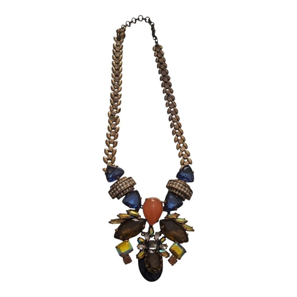 J Crew Blue Trillion Marquise‎ Peach Golden Rhinestone Bronze Tone Necklace